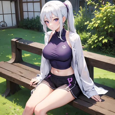 anime girl with white hair and purple shirt sitting on bench, anime drawn by ei-q, pixiv, self-destruct art, anime girl, seducti...