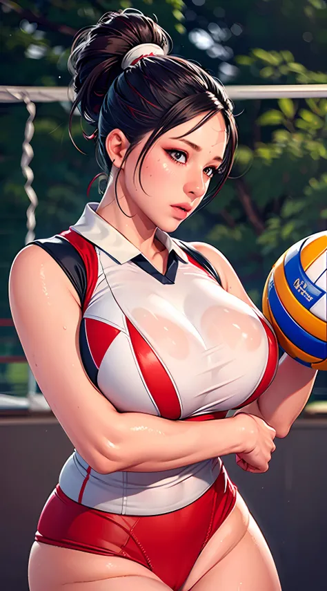 masterpiece:1.2, best quality), realistic, (real picture, intricate details, depth of field), (1girl, solo), make up, parted lips, highly-detailed, perfect face, (huge breasts:1.4), (skindentation), thick thighs, wide hips, small waist, tall, glossy coral ...