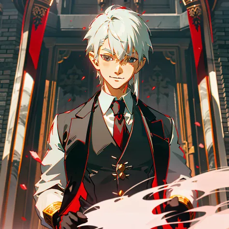 young boy with medium white hair, red glove on right hand, big red scar on right eye, bangs, grey eyes, formal clothes, white sh...