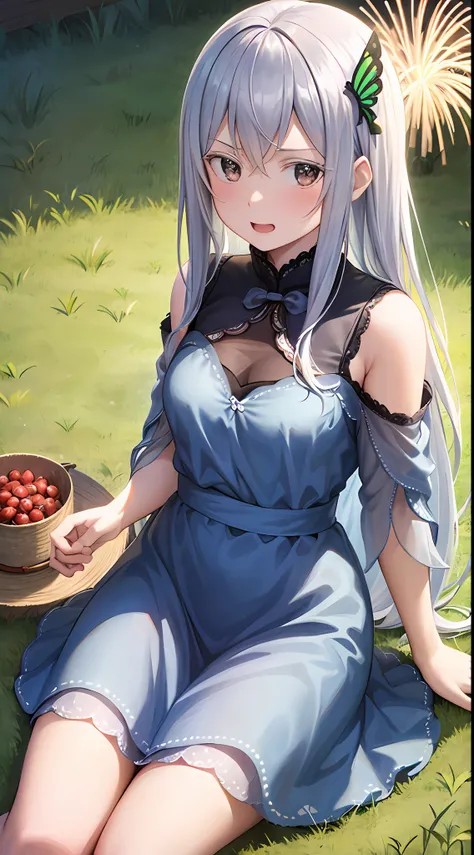 1 girl, cowboy shot, sitting, meadow, fireworks, evening, joy, origen, long hair, gray hair, butterfly hair ornament