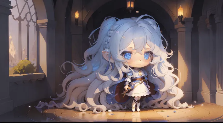 (chibi character), (long wavy hair all colored:1.2),(eyes yolete:1.1),(shy smile:0.9),(shy expression:1.1),(white dress with blu...