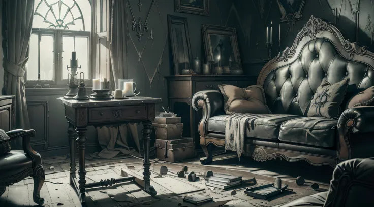 (interior design) (masterpiece) (ultra realistic) (raw) (picture of the whole room) (messy) (gothic couch, rocking chair, window...