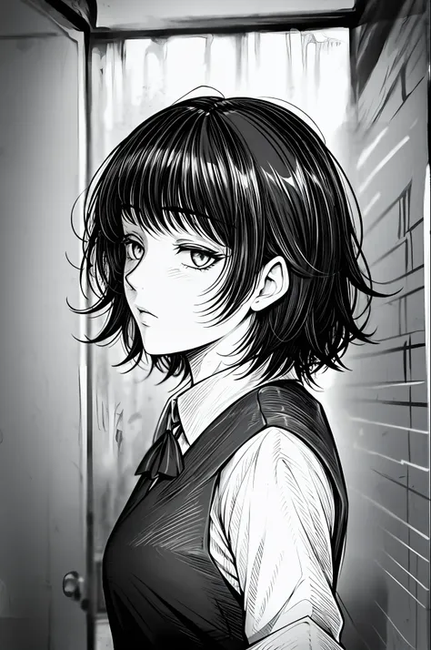 best quality, intricate details, lineart, monochrome,1girl, school uniform, short messy hair, black hair, messy hair, hair over ...