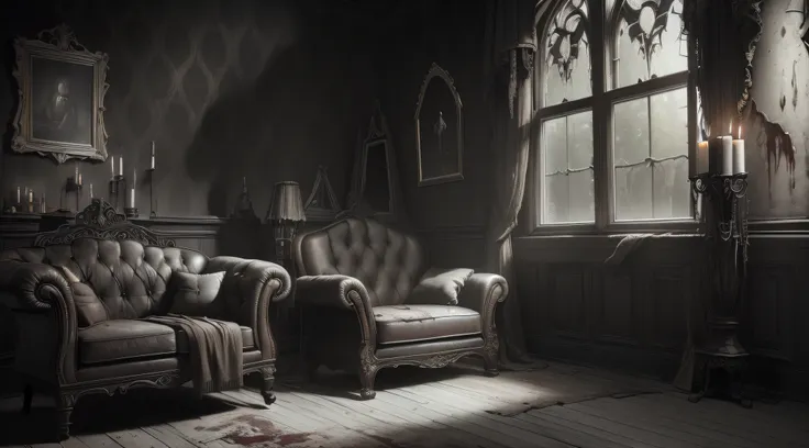 (interior design) (masterpiece) (ultra realistic) (raw) (picture of the whole room) (messy) (gothic couch, rocking chair, window...