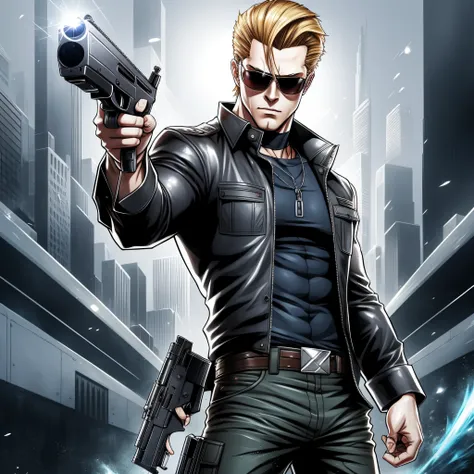 a cartoon of a man holding a gun and wearing sunglasses, johan liebert, trigger anime artstyle, duke nukem art style, haris nukem, albert wesker, name of the character is chad, as a character in tekken, brad pitt is leon s. kennedy, jetstream sam from meta...