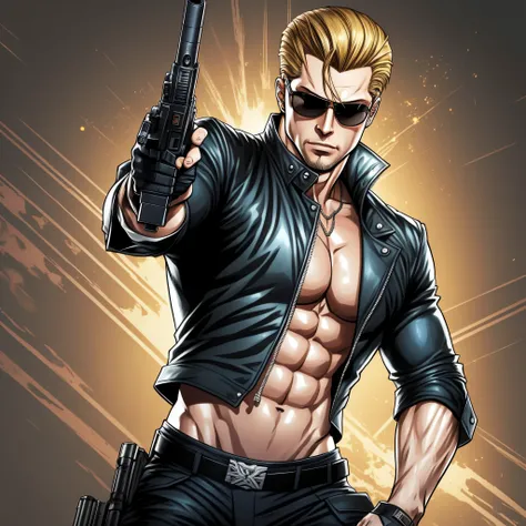 a cartoon of a man holding a gun and wearing sunglasses, johan liebert, trigger anime artstyle, duke nukem art style, haris nukem, albert wesker, name of the character is chad, as a character in tekken, brad pitt is leon s. kennedy, jetstream sam from meta...