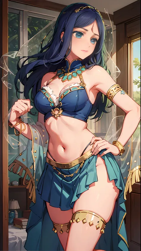 3D, sexy and attractive indian girl dressed in Manju Warrier marching band costume, sexy midriff, slim waist, seductive cleavage, short pleated skirt, beautiful details, sexy thighs, flirty, bright skin, seductive daytime, akane, blue hair, blue eyes, 1gir...