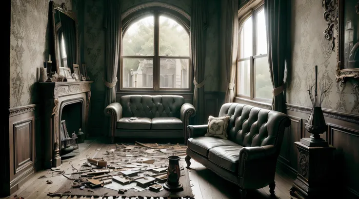 (interior design) (masterpiece) (ultra realistic) (raw) (picture of the whole room) (messy) (gothic couch, rocking chair, window...