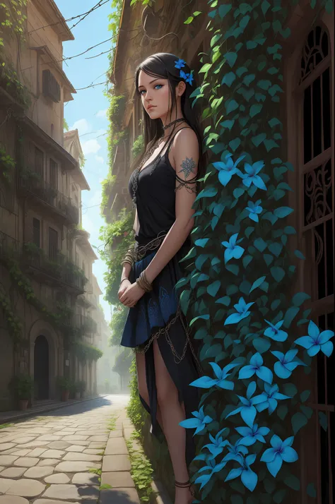Plumeria flowers and leaves, (realistic), best quality, dynamic colors, swirls, architectural streets, a character portrait, blue eyes, vines, landscape, clear sky, black colors, chains connected to rings, digital painting, ultra high res,