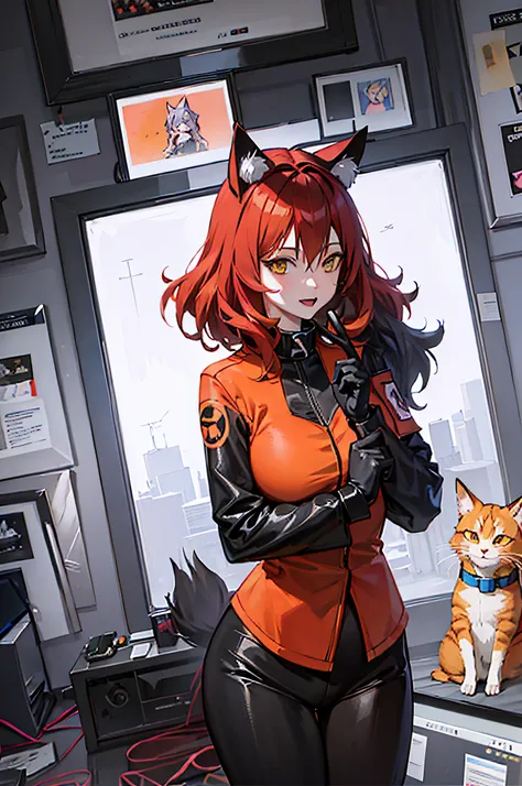 anime - style woman holding cell phone in orange costume, anime cat woman, anime cat, anime style 4 k, fox girl, anime style mix...