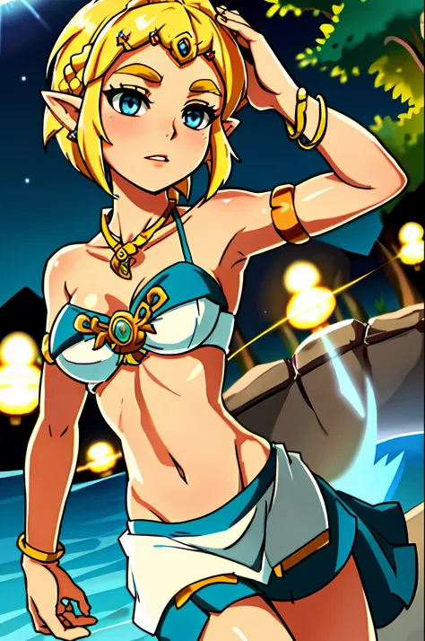 ZeldaTOTK, princess zelda, 1girl, magical aura, jewelry, pointy ears, large breasts, bikini, blonde hair, crown braid, short hair, triforce, solo, earrings, braid, lingerie, bra, panties, necklace, bracelet, blue eyes, armlet, thick eyebrows, hairclip, str...