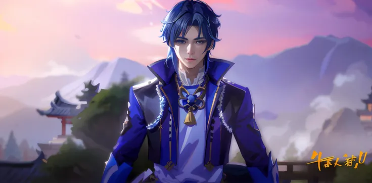 anime characters with blue hair and necklaces standing in front of the mountain, masamune, inspired by masanobu okumura, chris i...