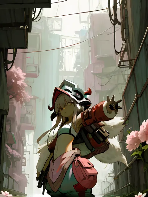 nanachi \(made in abyss\), nanachipants, nanachihat, in a cyberpunk city, shiny splastic bomber jacket, flowers, brown fur body,...