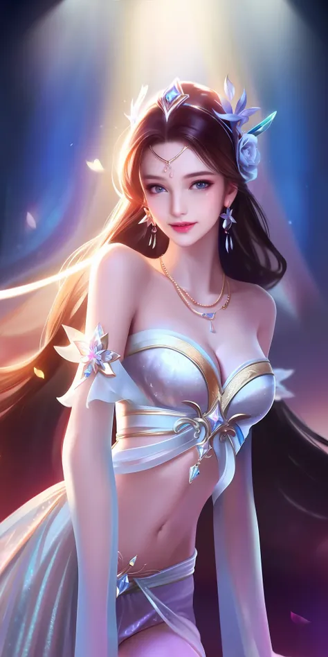 Best quality, masterpiece, high resolution, 1girl, clear silk porcelain dress, beautiful face, hair accessories, looking at the audience, smiling, close your mouth, lips, dress, hair accessories, necklaces, jewelry, long hair, earrings, beautiful face, on ...