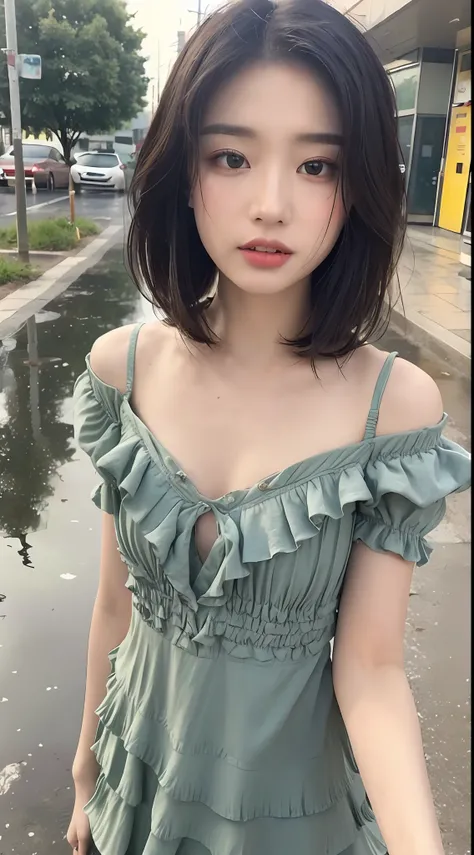 ((Best Quality, 8k, Masterpiece:1.3)), Focus:1.2, Perfect Body Beauty:1.4, Buttocks:1.2, ((Layered Haircut, Flat Chest:1.2)), (Rain, Street:1.3), Bandeau Dress: 1.1, Highly detailed face and skin texture, Fine eyes, Double eyelids, whitening skin, long hai...