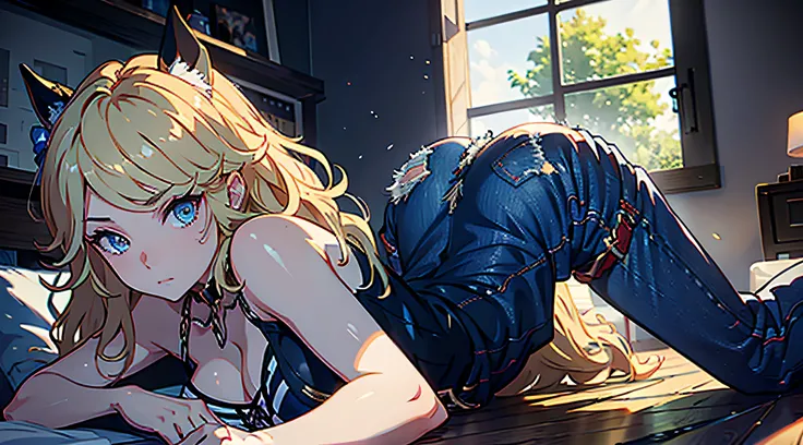 ((large breast, tomboy girls, small head)), (perfect body : 1.1), (long wavy hair : 1.2) , blonde hair, collar, chain, full body shot, wearing black tanktop, jeans jacket, ((denim shorts)), (extremely detailed CG 8k wallpaper), (an extremely delicate and b...