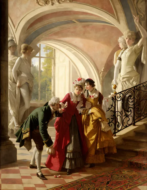 painting of a group of people in fancy clothing standing on a staircase, jehan georges vibert, by emanuel leutze, by stanislas l...