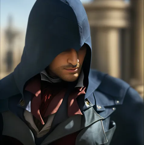 Image of an assassin Arnodolian man in a gray-blue hood, bokeh on Parisian background, professional photography, hyper-detail. Portrait closeup, movie detail, movie full character, realistic art style, in game rendering, assassin, clothes texture detail, ...