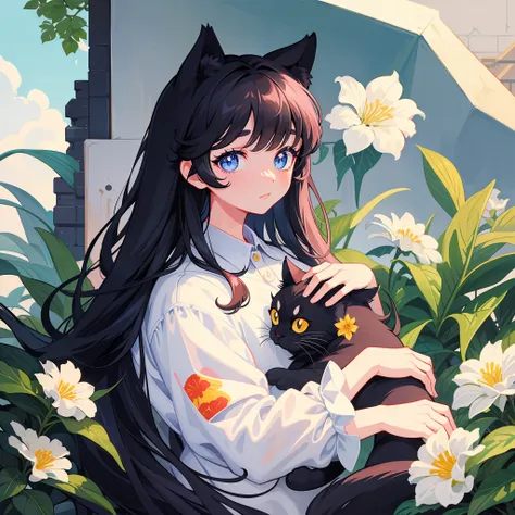 1girl, black_hair, cat, looking_at_viewer, flower, animal, long_hair, bangs, solo, closed_mouth, floral_print, white_flower, bla...