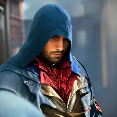 Image of an assassin Arnodolian man in a gray-blue hood, professional photography, hyper-detailed. Portrait close-up, movie detail, movie full characters, realistic art style, in game rendering, assassin, clothes texture detail, 8k, high detail, 18th cent...