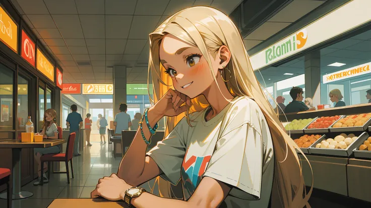 Beautiful 21-year-old, squinty and an arched eyebrow, smiling through her teeth, sitting in a chair at a table, with one hand holding her waist and the other hand poking at the table, she has long, straight hair, medium blonde color, light brown eyes with ...