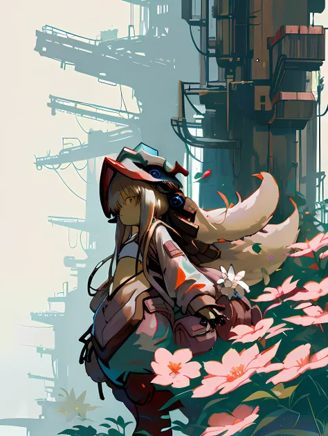 nanachi \(made in abyss\), nanachipants, nanachihat, in a cyberpunk city, shiny splastic bomber jacket, flowers, brown fur body,...