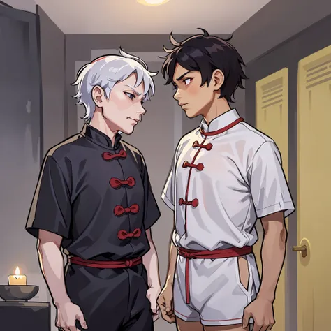 old man (wearing taoist uniform) and boy (wearing white short sleeves and red string), thin, black inch, looking at each other, ...