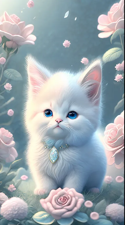 in this ultra-detailed cg art, cute kittens surrounded by ethereal roses, laughter, best quality, high resolution, intricate det...