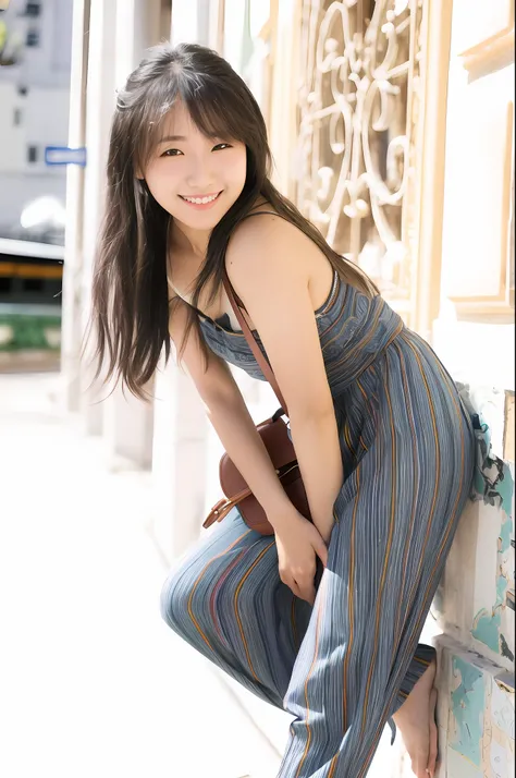 arafed woman sitting on a wall with a purse and smiling, taken with canon eos 5 d mark iv, chiho, photo taken with nikon d750, photo taken with nikon d 7 5 0, shot with canon eoa 6 d mark ii, harumi, yasumoto oka, taken with canon eos 5 d, young asian girl
