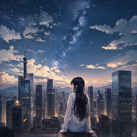 sky, star(sky), landscape, starry sky, night, one girl, night sky, solo, outdoors, building, clouds, milky way, sitting, tree, l...