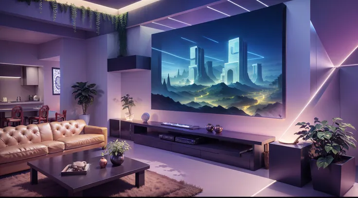 future living room, strong sense of technology, sofa, coffee table, tv, (panorama), potted plants, background light, high qualit...