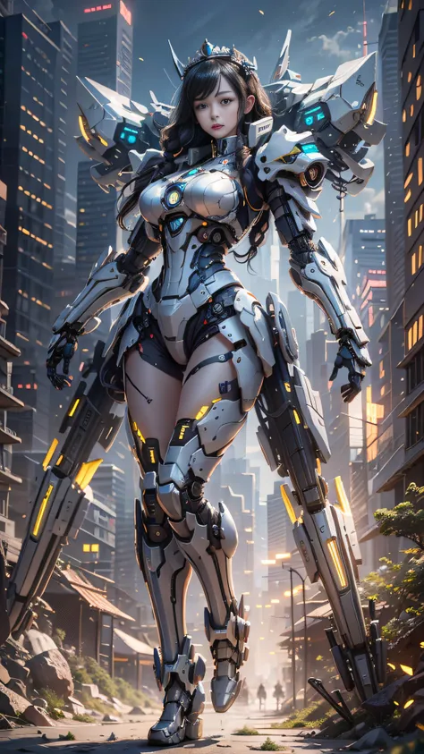 (best quality)), ((masterpiece)), (very detailed: 1.3), 3d, icaru valkirie-mecha, beautiful cyberpunk woman wearing crown, with ...