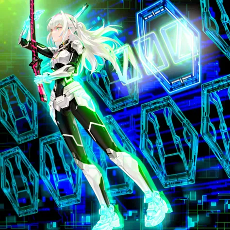 a close up of a person holding a sword in a neon lit room, holographic blade!, cybernetic wallpaper, clothed in cyber armour, cyber japan armor, cyber fight armor, cyborg - girl with silver hair, cyber armour, anime cyborg, gear aurora, cyber japan style a...