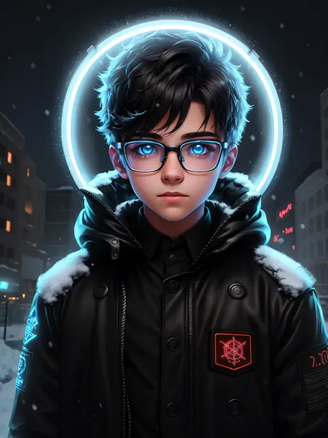 snow apocalypse portrait of a super cute boy , boy with glasses , dark light , neon sign , haunting atmosphere , digital art , i...