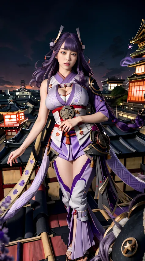 Unreal Engine 5 Realistic Rendering, ((portrait:1.2)), RaidenShogun, detailed clothes, blunt bangs, braid, (huge breasts:1.1), cleavage, wide-sleeved kimono, hair ornament, (red obi:1.4), (purple hair:1.4), very long hair, straight hair, detailed face, coo...