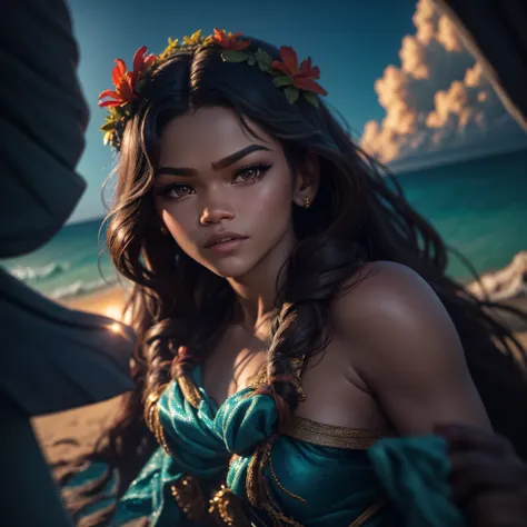 actress zendaya playing princess moana live action, disney princess, full angule, surrealism, anaglyph, stereogram, tachi-e, pov...