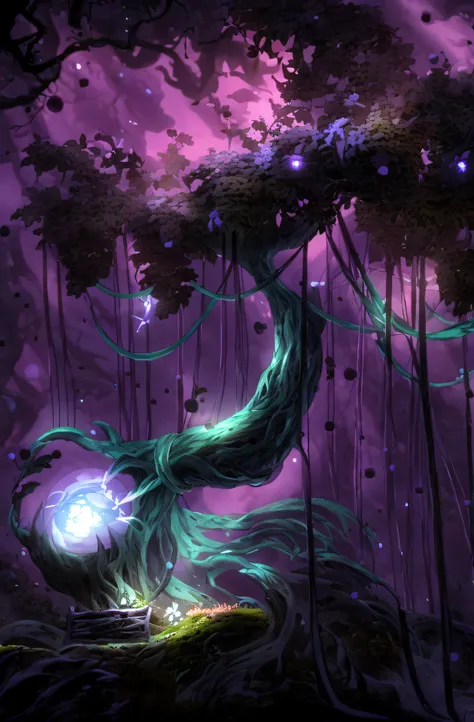 there is a cartoon picture of a tree with a purple ball in it, background art, of an evil tree wizard, ent treant dryad, forest ...