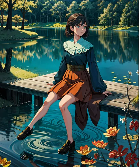 masterpiece,best quality,cinematic,dramatic,dynamic,1girl,landscape,lake,sitting,night,illumination,pond,face