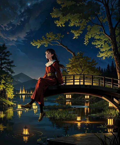 masterpiece,best quality,cinematic,dramatic,dynamic,1girl,landscape,lake,sitting,night,illumination,pond,face