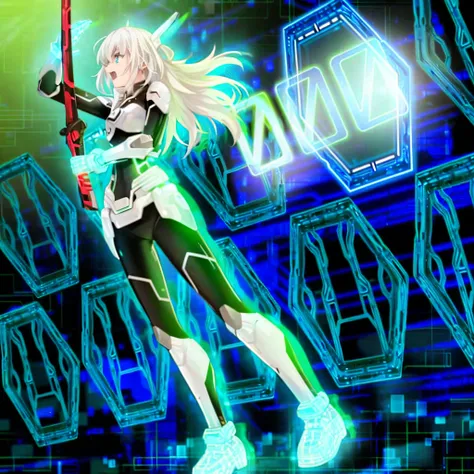a close up of a person holding a sword in a neon lit room, holographic blade!, cybernetic wallpaper, clothed in cyber armour, cyber japan armor, cyber fight armor, cyborg - girl with silver hair, cyber armour, anime cyborg, gear aurora, cyber japan style a...