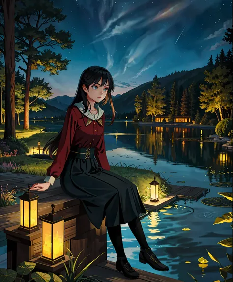 masterpiece,best quality,cinematic,dramatic,dynamic,1girl,landscape,lake,sitting,night,illumination,pond,face