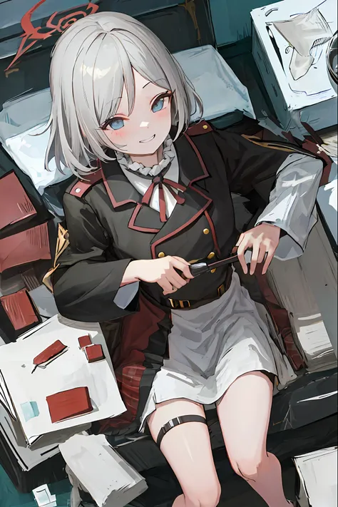 Top quality, photo, perfect, solo, gray hair, beautiful girl, bob cut, musket, military uniform, dress, detective, light blue eyes, big.