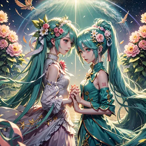 hatsune miku and luo tianyi, who held hands and sang hand in hand in a sea of brilliant flowers --auto --s2