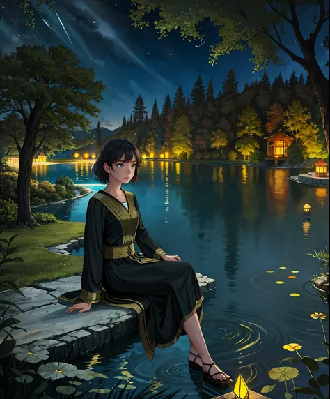 masterpiece,best quality,cinematic,dramatic,dynamic,1girl,landscape,lake,sitting,night,illumination,pond,face