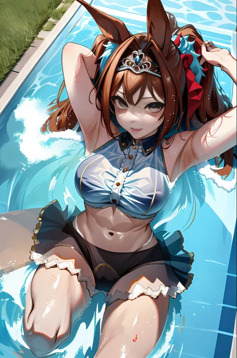 masterpiece, best quality, highres, 1girl, daiwa scarlet (umamusume), horse ears, long hair, twintails, tiara, horse tail, very long hair, brown hair, pool side, misaligned bra, thong, (reach: 1.2), lying down, from above, open arms, smile, disheveled unde...
