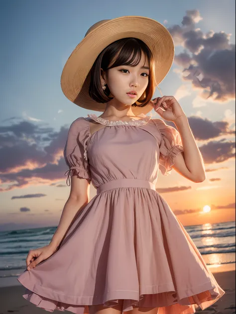 korean, k-pop idol, wearing a swing dress, 1950s, short, lean, sandy beach at sunset