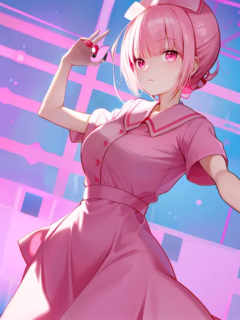 i want to make a live-action adaptation of the nurse "aimy" in "please president". the outfit is a cute pink dress, and the back...