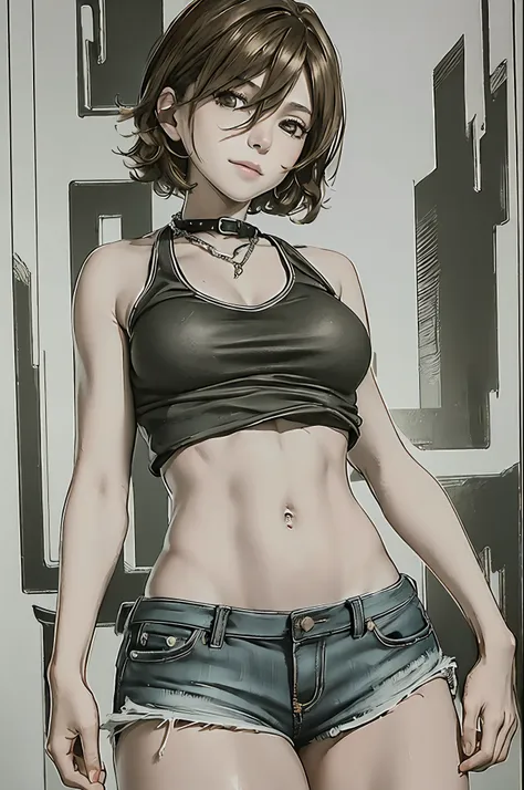 ((mid-breasted, tomboyish, head small)), daylight, sunlight, (chiseled abs: 1.1), (perfect body: 1.1), (short wavy hair: 1.2), r...