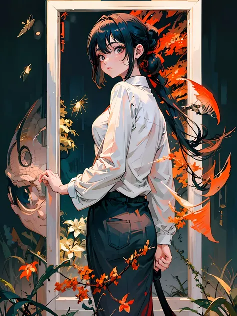 1girl yaoyorozu momo black hair ponytail hair pulled back black eyes large breasts casual outfit, forest, fireflies, night, happ...