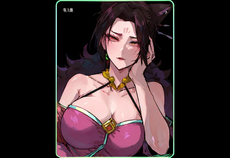 anime girl with a pink bra top and a green frame, ahri, full body xianxia, oppai cyberpunk, seductive anime girl, attractive cat girl, nezuko, fox nobushi, nezuko-chan, rin tohsaka, xianxia hero, sfw version, 千 葉 雄 大, bian lian